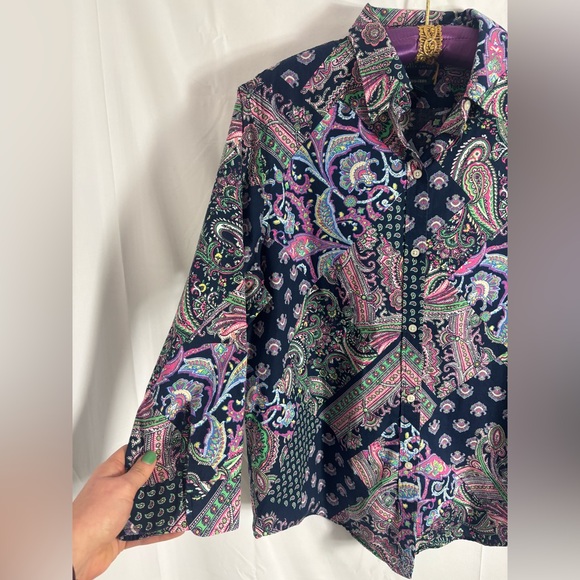 Women’s 100% Cotton Navy Blue Paisley Patchwork Boho Spring Button Down Size XL - Picture 4 of 13